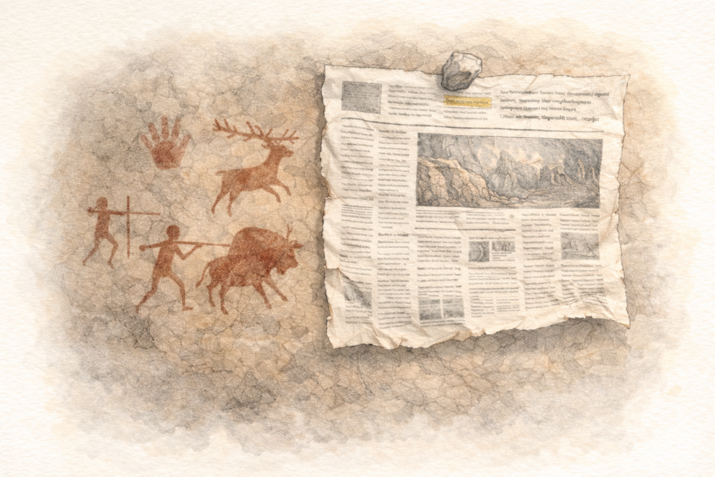 Geschichte der Gestaltung: Höhlenmalerei mit Jägern und Tieren, daneben eine übergroße zerknitterte Zeitung an der Höhlenwand