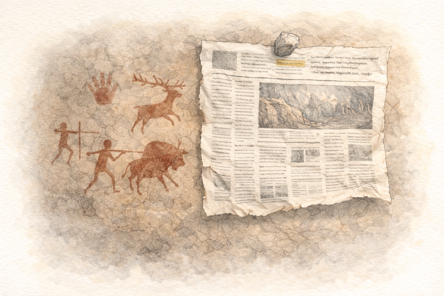 Höhlenmalerei mit Jägern und Tieren, daneben eine übergroße zerknitterte Zeitung an der Höhlenwand