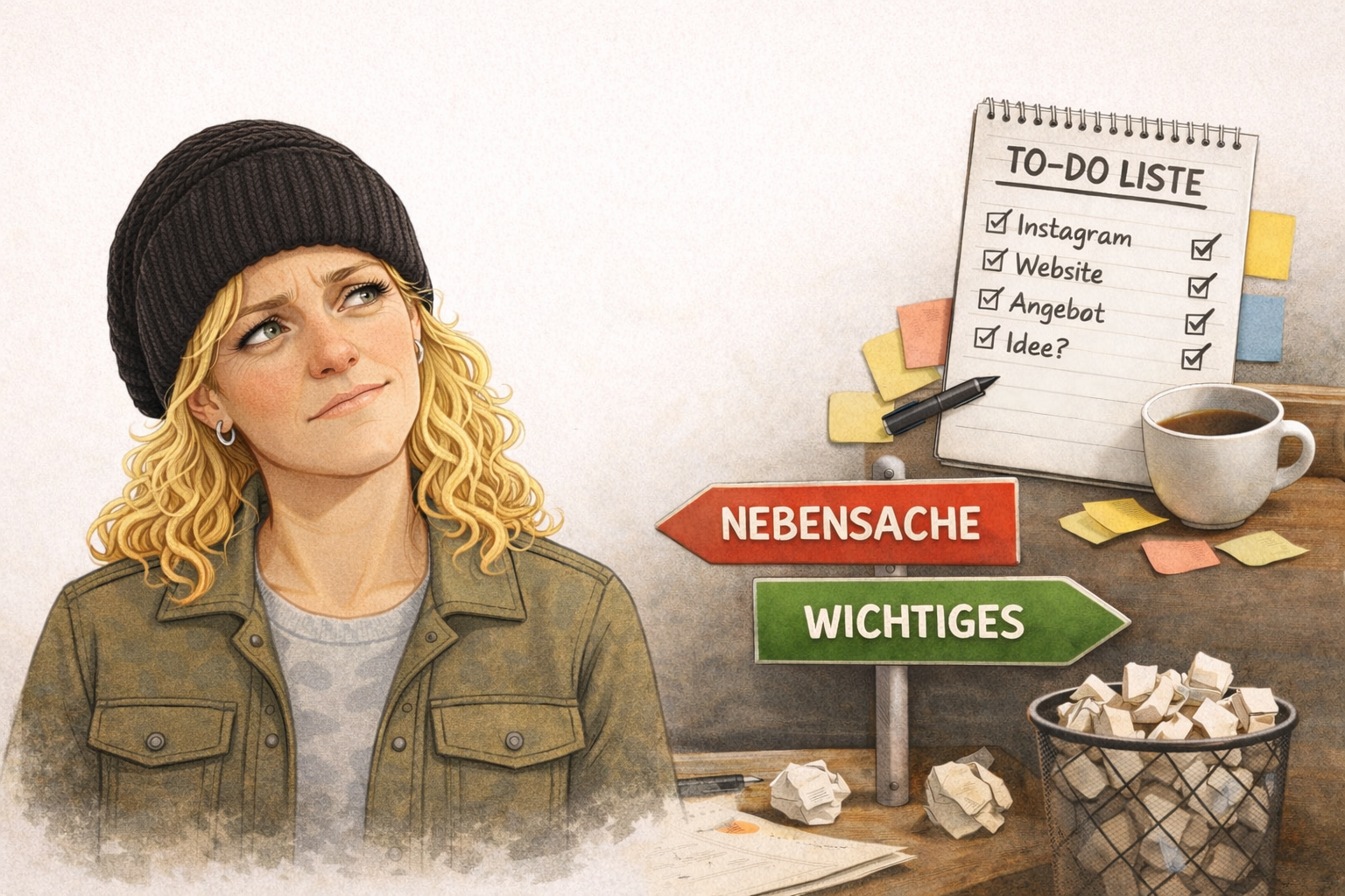 Illustration einer Person mit To-do-Liste und Entscheidung zwischen „Wichtiges“ und „Nebensache“